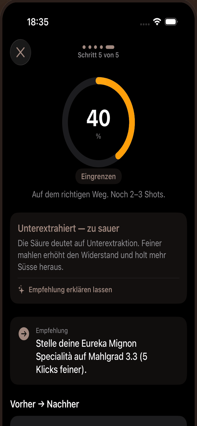 BrewPilot-Coach nach einem Shot: 40 % Konfidenz, Diagnose „Unterextrahiert — zu sauer“ und die Empfehlung, die Mühle 5 Klicks feiner zu stellen.