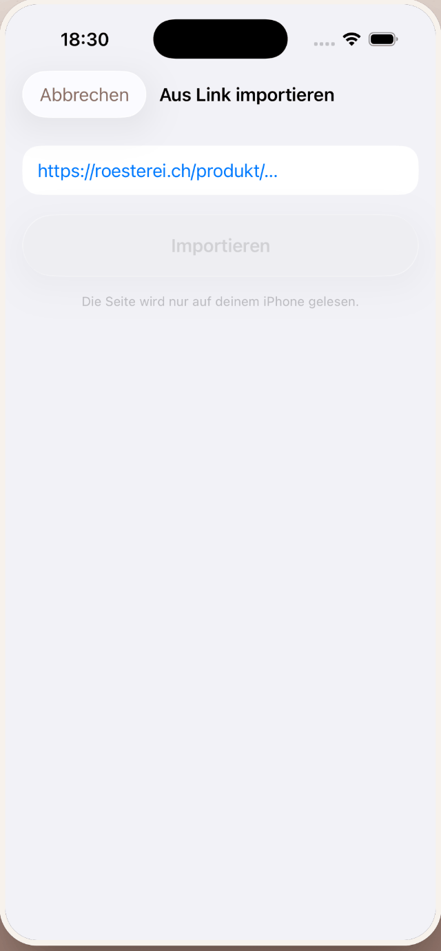 Bohnen-Import per Shop-Link in BrewPilot: Die Produktseite wird nur auf dem iPhone gelesen.