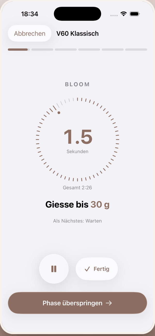 Geführter V60-Brühplan in BrewPilot: Bloom-Phase mit Timer und Giess-Ziel 30 Gramm.